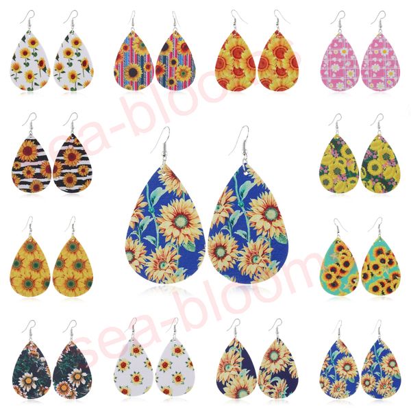

women faux leather earrings creative sunflower print pattern teardrop dangle earring jewelry for lady girls party gifts kimter-u61fa, Golden;silver