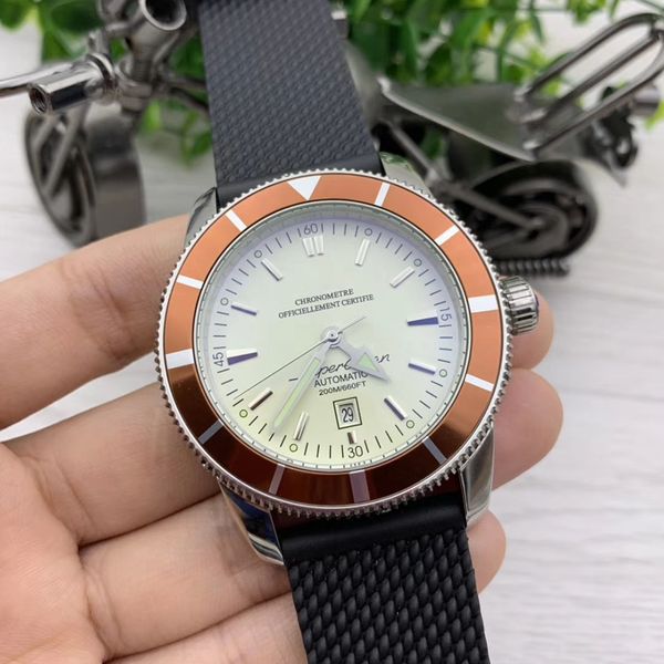 

excellent quality superocean 47mm automatic index hour markers mens watches legible white dial rubber band orange bezel divingwatch, Slivery;brown