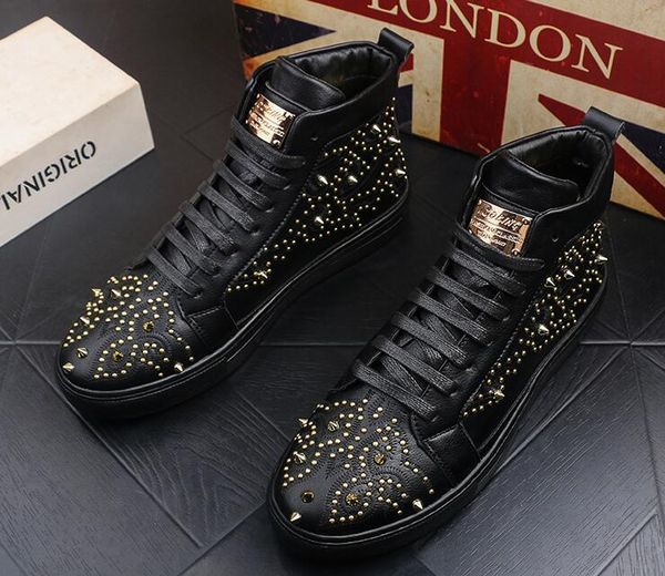 

new british sneakers men trendy rivet decorative casual flats high shoes male wedding moccasins loafers, Black