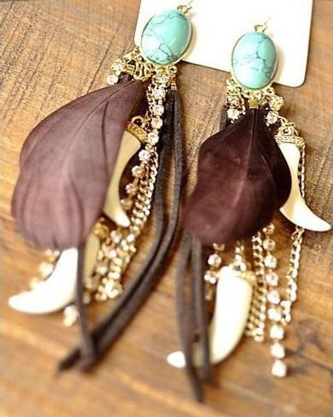 

idealway bohemian feather gem dangle earring western style clear rhinestone leather pepper shape long tassels, Silver
