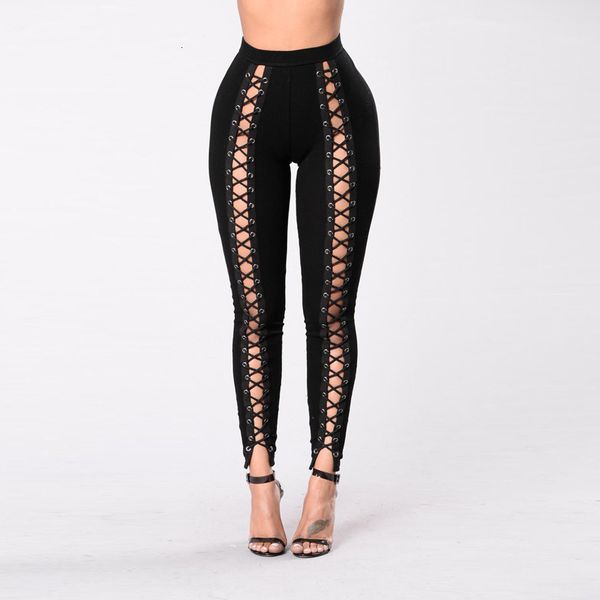 

women pants women trousers lace women nine hole trousers for ladies high waist criss cross tie fitness elastic bodycon leggings, Black;white