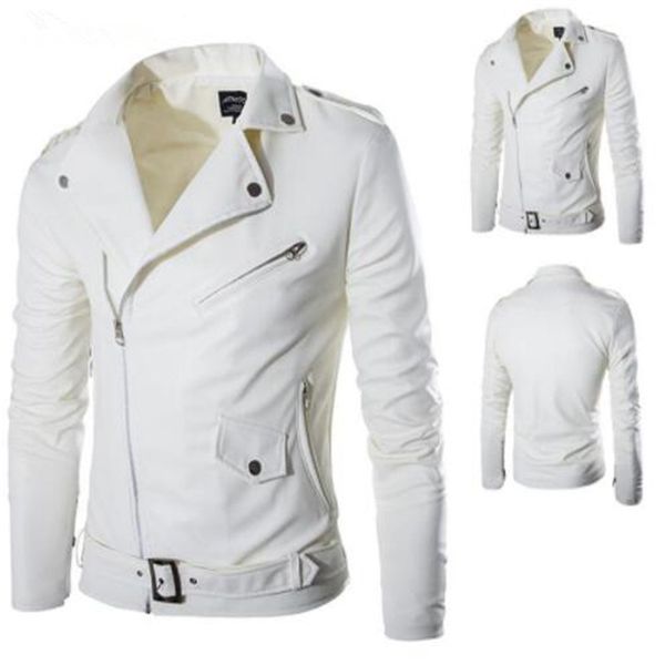 

2018 foreign trade new fashion men's slim diagonal zipper male leather motorcycle jacket men white leather jacket causal outwear, Black