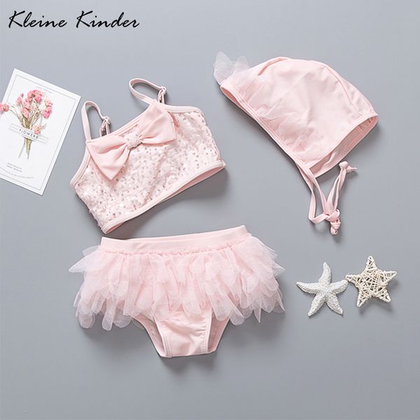 

girl swimsuit 2 pieces suits with cap bow sequin children's swimwear girls bikinis set kids biquini infantil baby bathing suit, Black