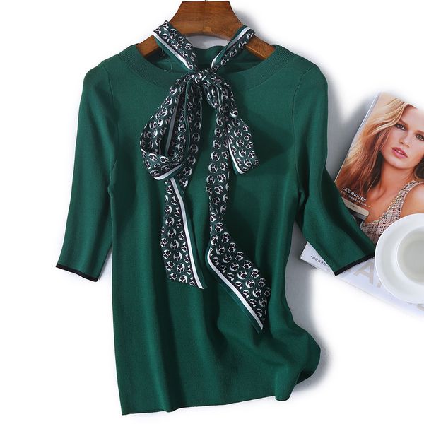 

womens designer sweater middle sleeve sweater women autumn temperament slim ribbon round neck pullover sweater ribbon detachable, White;black