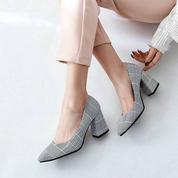 

checked plaid pointed toe office career woman pumps stiletto dress shoes high heels shoes ladies plus size 45 46, Black
