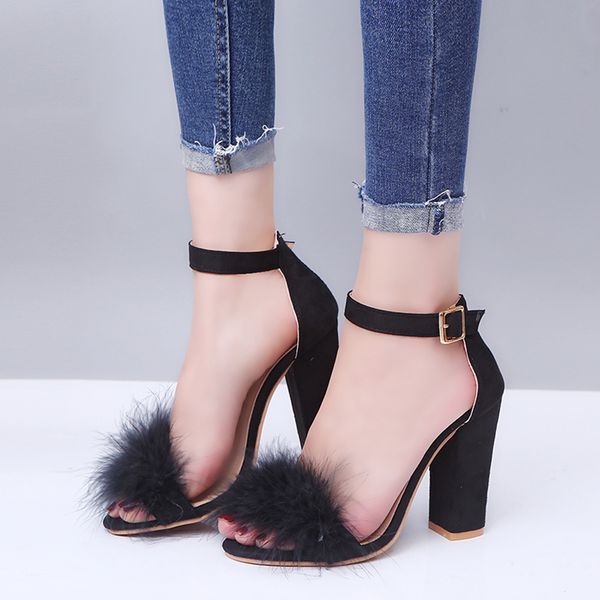 

european and american buckle high-heeled sandals, women's wool style sandals