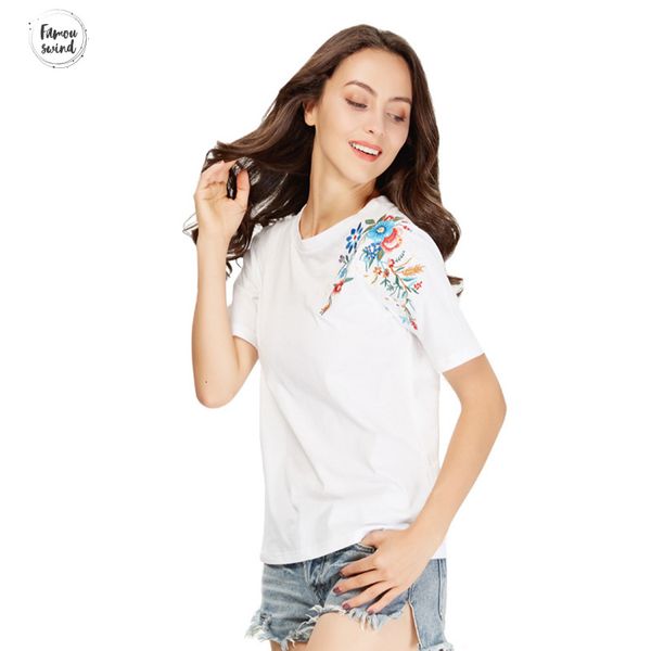 

женщины цветочная вышивка футболка с коротким рукавом o шея лето тройники дамы streetwear вскользь топы camiseta мода dt967, White