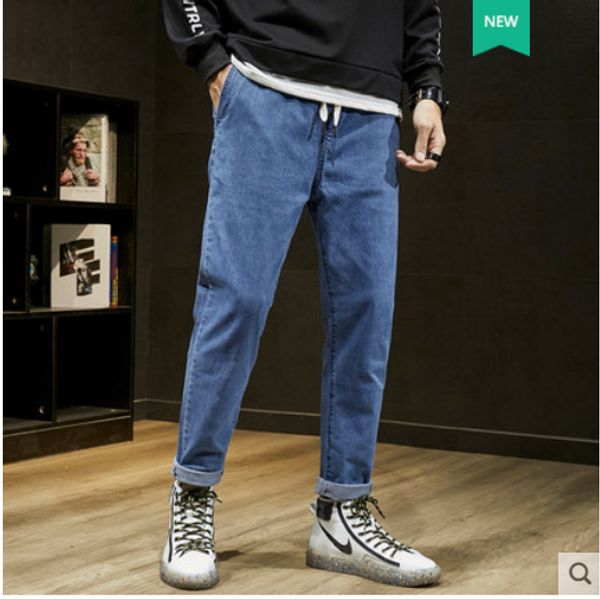 

the blue jeans are loose elastic straight leisure haroun pants men's cargo pants