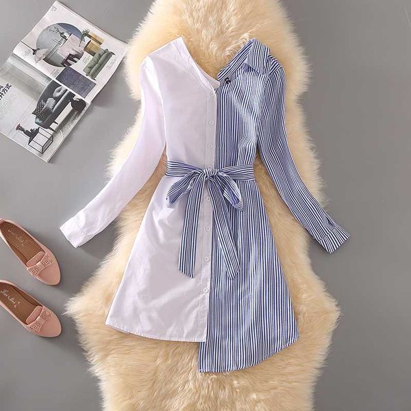 

casual dresses 2021 summer dress women long sleeve irregular stripe splice loose shirt bow fashion shirts vestidos g034, Black;gray