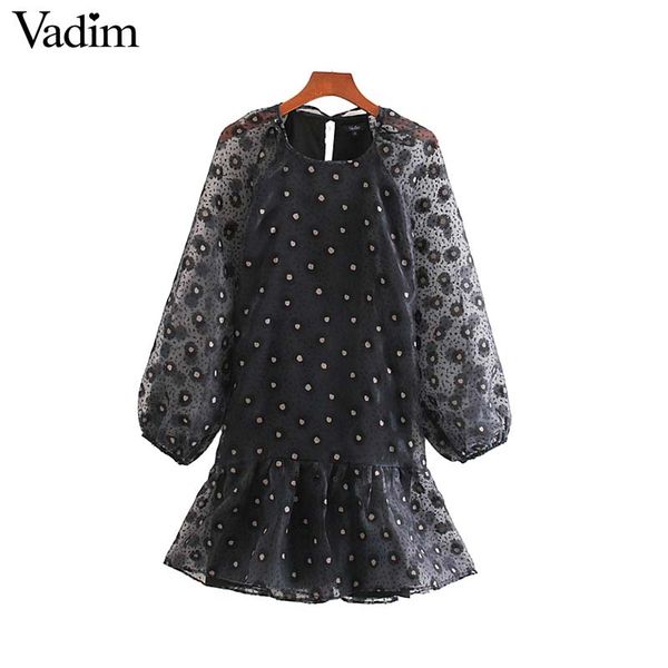 

vadim women sweet floral pattern mini dress lantern sleeve straight style female casual stylish organza dresses vestidos qd148, Black;gray