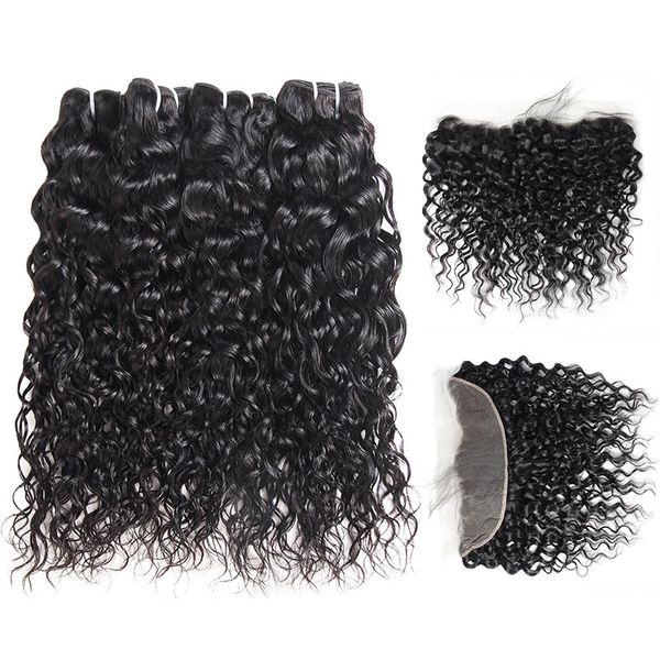 

indian virgin hair extensions wholesale peruvian brazilian hair bundles with closure water wave 4pcs with 13*2.5 lace frontal, Black