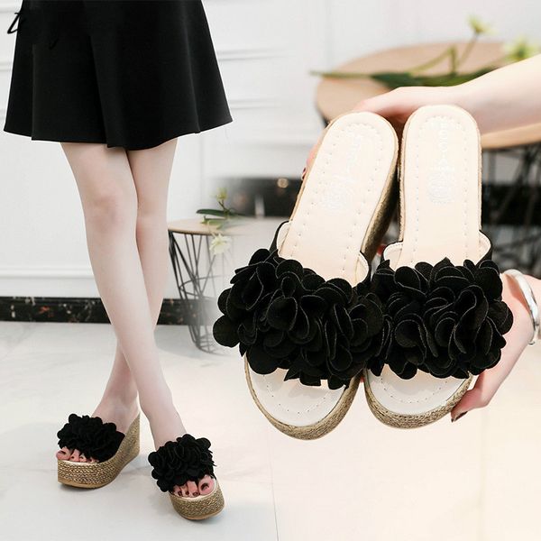 

slippers ladies summer beach shoes women high heels platform wedge sandals 2021 zapatillas mujer casual, Black