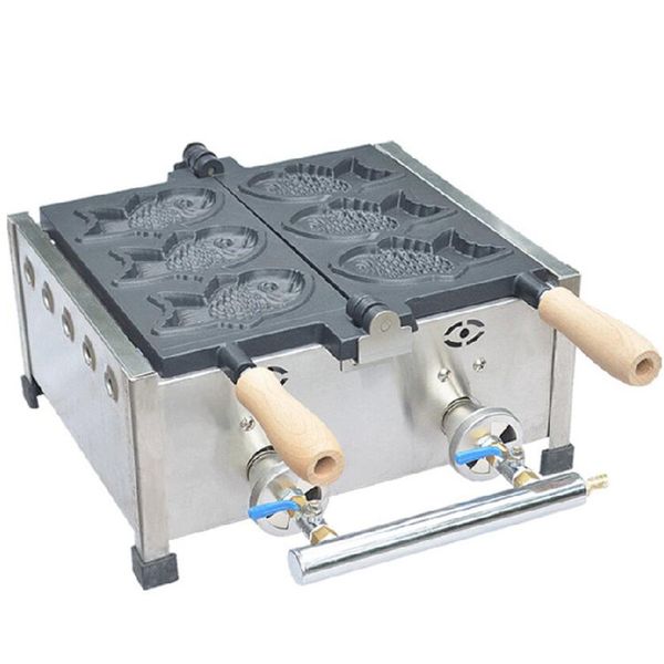 Frete Grátis Uso Comercial Não-Stick Gás LPG 3 PCS Japonês Fish Waffle Taiyaki Ferro Maker Pan Machine Baker