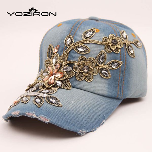 

rhinestones felower women snapback hats caps baseball caps for women adjustable denim diamond hats casquette gorros, Blue;gray