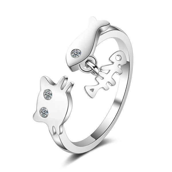 

cat fish ring womens opening cold-style creative xiang gao drilling food finger ring personality hand jewelry, Silver