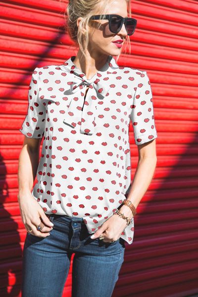 

New Red Lip Pattern T Shirt Tops Comfortable Bandage Chiffon Shirt Polyester Top Women Casual Shirt