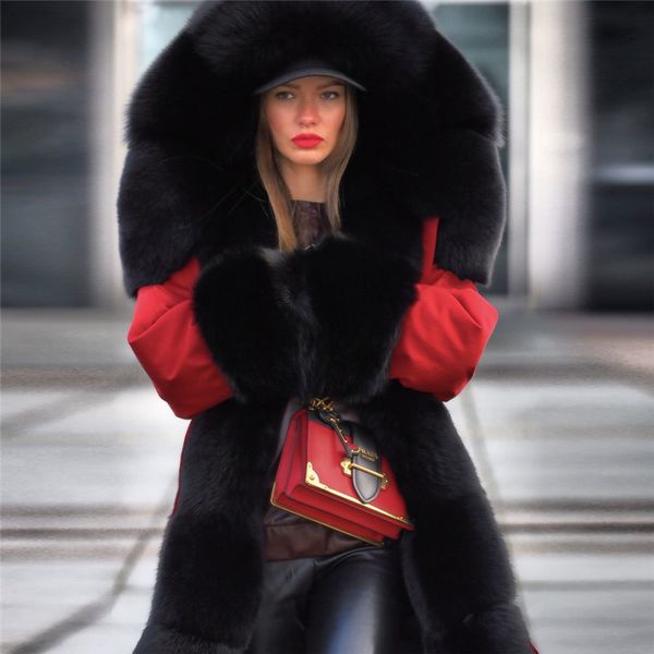 

windbreaker women winter long parkas thick fur designer warm down coats, Black
