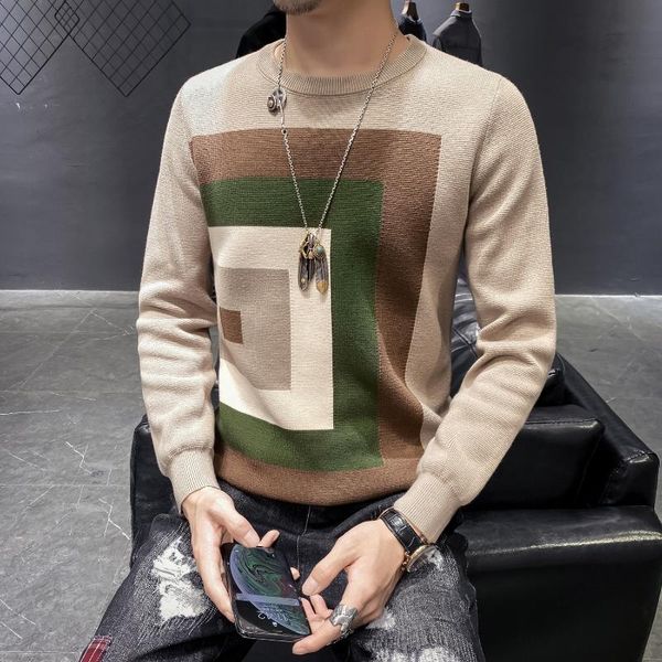 

2020 men's sweater pullover casual men's sweater long sleeve plaid round neck sweatshirt -3xl, White;black