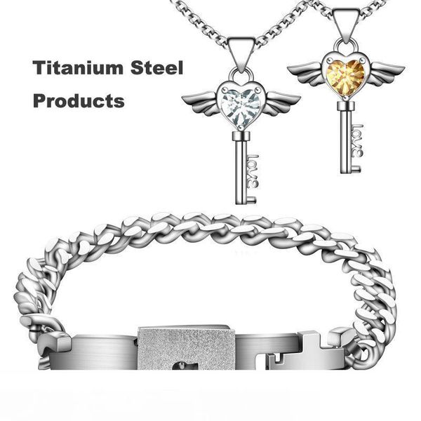 

титановые любовники комплект ювелирных изделий концентрический замок браслет любовь ключ стразы подвески ожерелье свадьба обручение пары ден, Silver