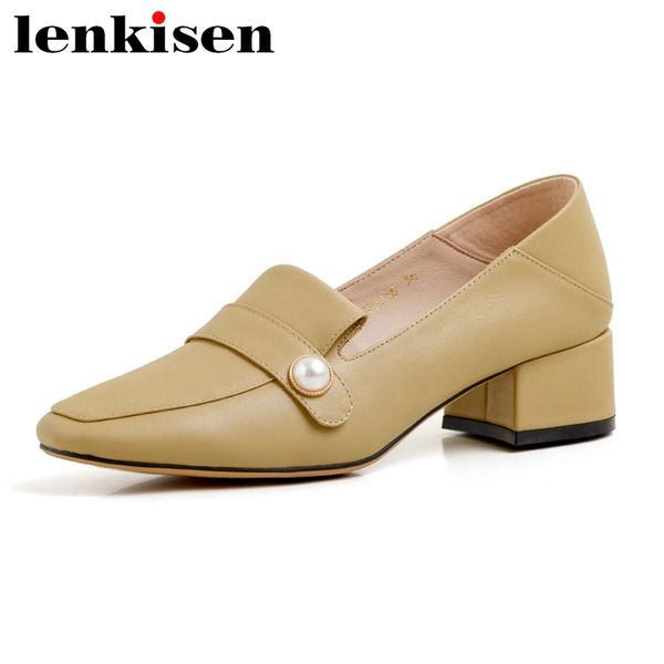 

lenkisen 2020 summer limited big size full grain leather square toe med heel shoes women pearl decorations deep mouth pumps l06, Black