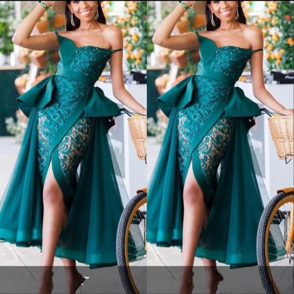 

hunter green see through evening dresses peplum lace and tulle front split cocktail party dress beads pearls african mermaid evening gowns, Black;red