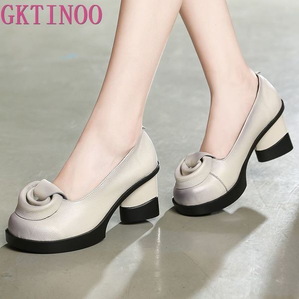 

gktinoo spring women pumps retro lady 7cm high heels slip on flower pumps handmade women genuine leather shoes t200525, Black