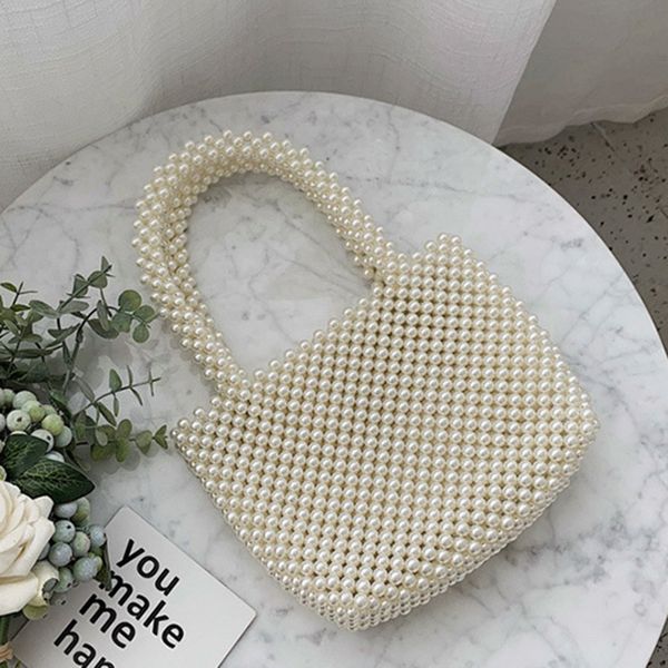 

women vintage pearls handbag 2019 spring trendy retro chic handle bag female small size beading classical elegant tote bag