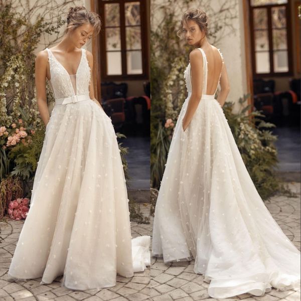 

wedding dresses 2020 sweep train deep v neck beach wedding dress custom made plus size bohemia backless bridal gowns, White