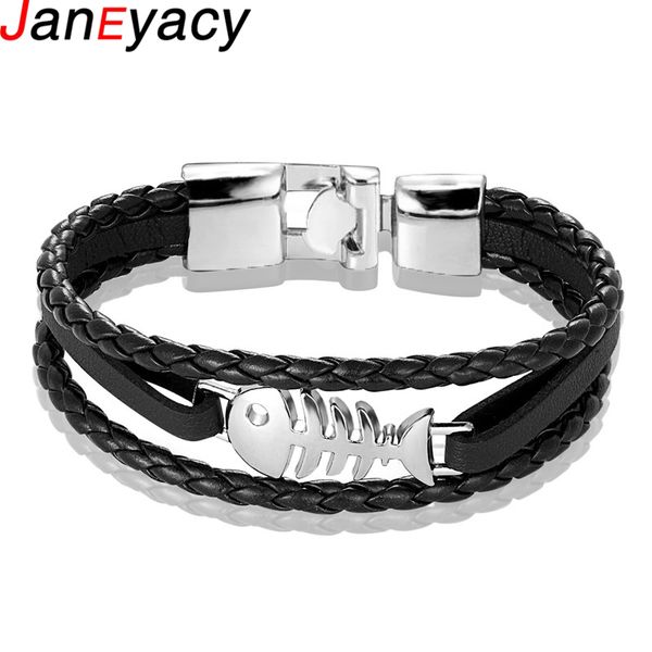 

new 2019 vintage fish leather bracelet for men multiple layer bead braided bracelets pulseira fashion wristband boyfriend jewelr, Black