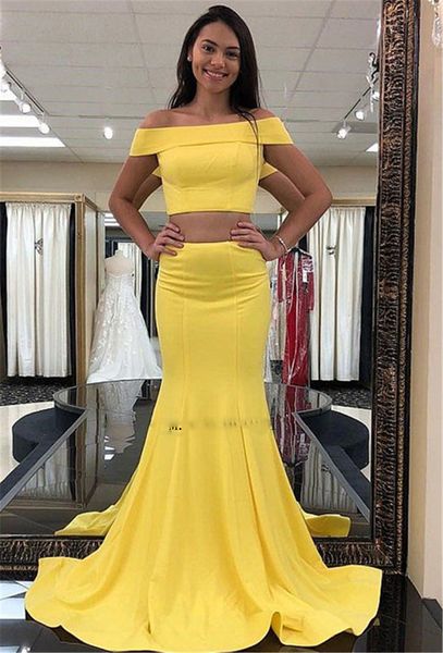 

2019 yellow 2 piece prom dresses off the shoulder mermaid satin long evening gowns women formal party dress, Black