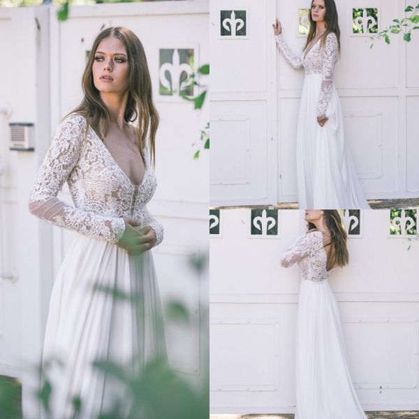 

country long sleeve wedding dresses lace appliqued v neck bohemian beach bridal gowns boho 2019 chiffon a line wedding dress, White