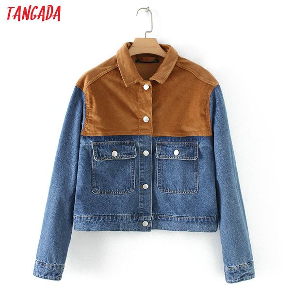 

tangada fashion women corduroy patchwork jacket coat pockets oversized denim jacket lady design outerwear yd176, Black;brown