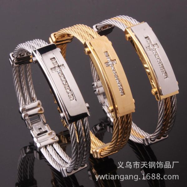 

new men's jewelry titanium steel stainless steel three-row wire cross belt drill bracelet s0096, Golden;silver