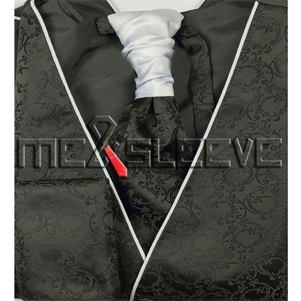 

microfiber black pattern with silver stripe waistcoat set, Black;white