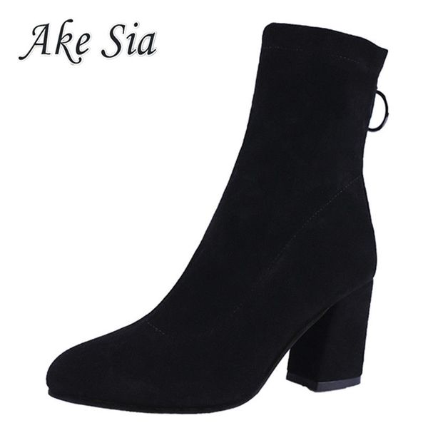 

autumn winter pointed toe square heel boots 2018 new fashion simple shallow mouth flock comfortable zip high heel boots k90, Black