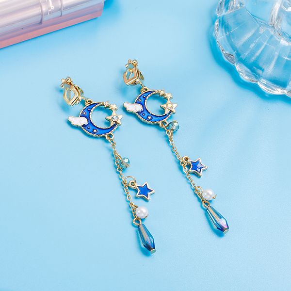 

2018 new korean creative clip on earrings cute blue universe moon star asymmetric long tassel for girl women without piercing, Silver