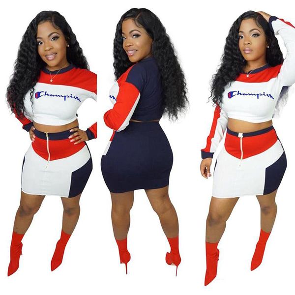 

spring color match champions emboidery letters tracksuit women outfit long sleeve pullover crop + dress skirt 2pcs/set sportswear, White
