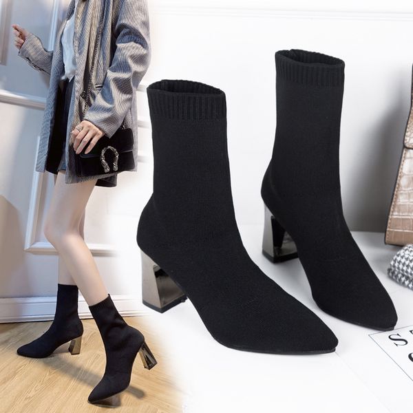

2020 spring new high-heeled boots women fashion simple trend stretch cloth pointed toe cap comfortable casual high-heeled boots, Black
