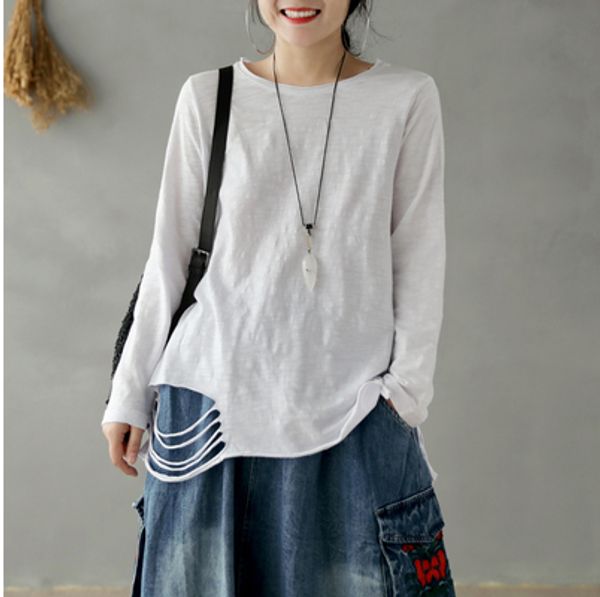 

2020 spring autumn t-shirt women loose casual all-match new t-shirt o-neck solid color hole ladies, White