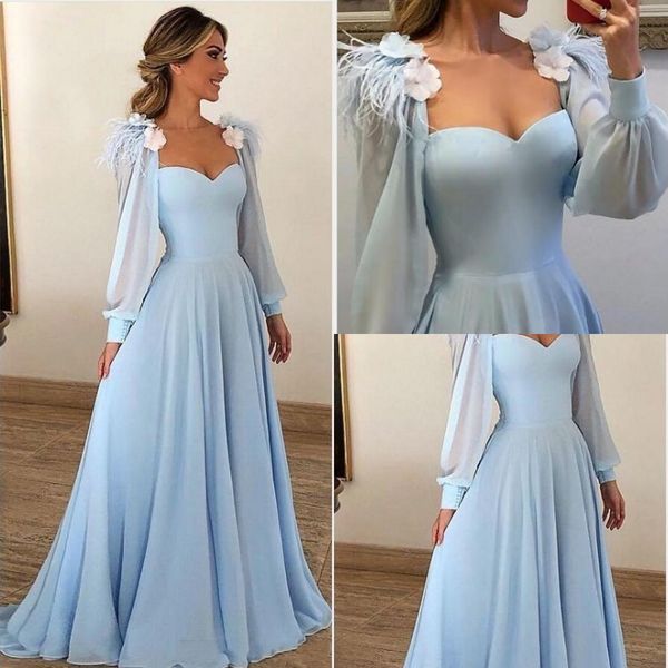 Economici nuovi abiti da ballo a maniche lunghe blu cielo Sweetheart Poeta Fiori Piuma Chiffon Sexy Occasioni speciali Abiti da sera per feste formali