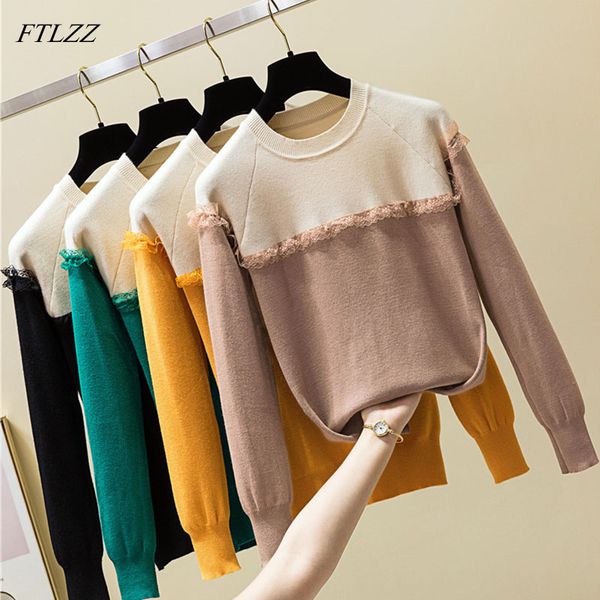 

ftlzz 2019 women knitted sweaters patchwork lace autumn spring pullovers sweater loose pullover jumpers female, White;black
