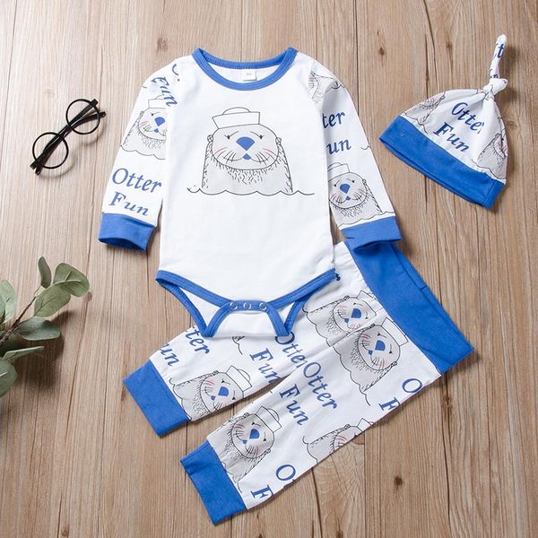 

baby boys girls clothes sets cartoon animal long sleeve romper pants +hat 3pcs suit newborn baby boy clothing set, White