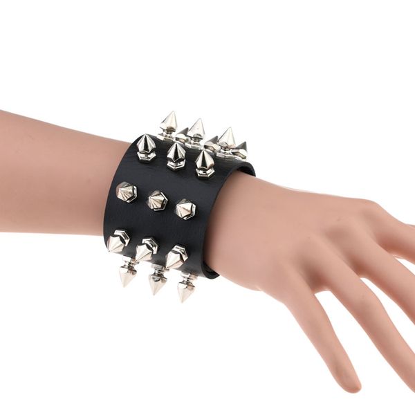 

punk gothic rock cuspidal spikes rivet cone stud wide leather cuff bracelet wristbands charm bangle fashion jewelry, Golden;silver