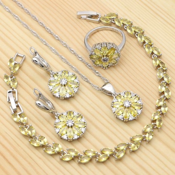 

925 silver jewelry sets yellow cubic zirconia white crystal ring bracelet necklace pendant earrings set for women
