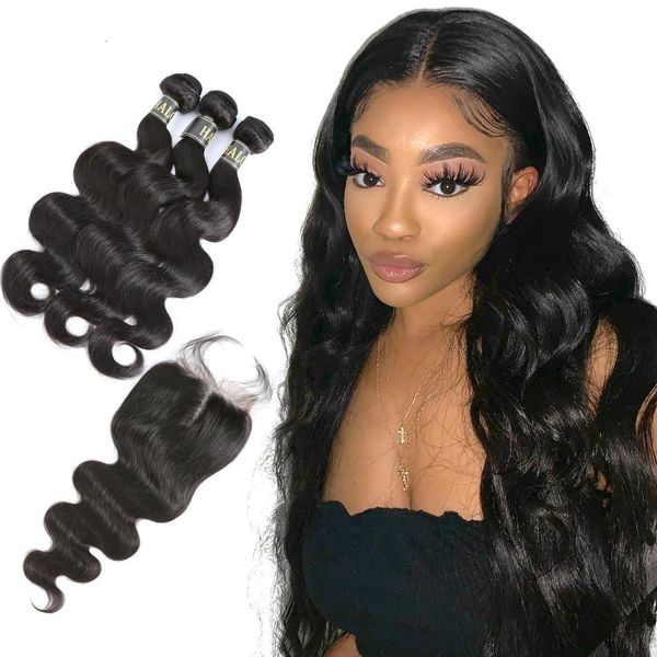 

бразильские волос плетение тела волновые связки с закрытием remy человеческих волос 3 связки с расширением волос закрытие, Black