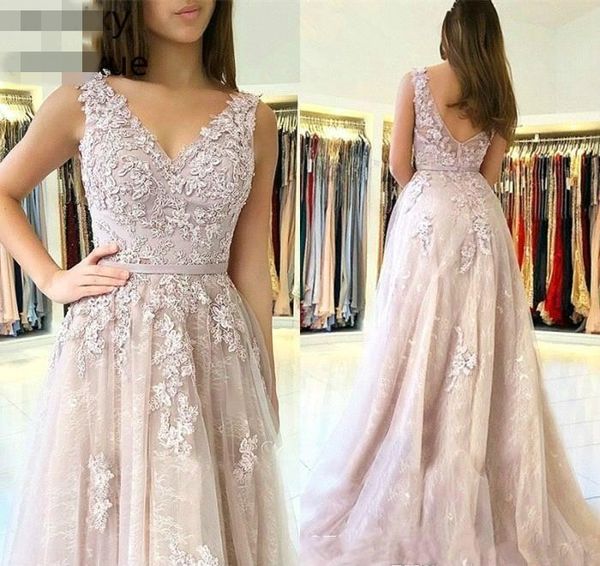 Abiti da sera sexy rosa senza schienale 2020 Una linea con scollo a V Indossare abiti da ballo di gala per feste formali Abito da evento taglie forti su misura Robe De Soiree