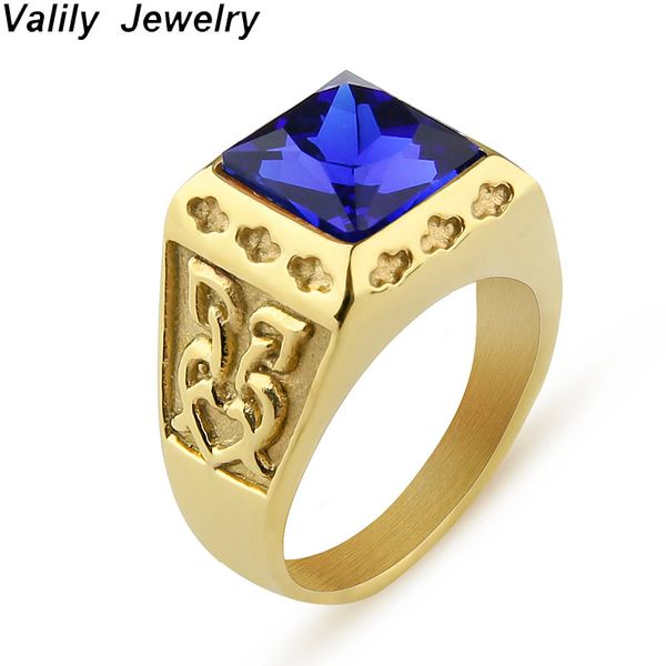 

valily casual men ring red/blue/black cz stone ring square stainless steel gold color daily male alliance jewelry, Golden;silver