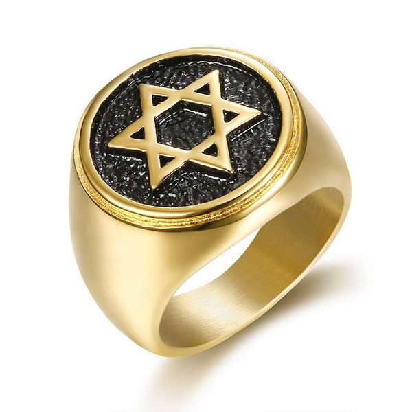 Rollo de rocha de aço inoxidável Homens de religião judaica Reling Round Round Star of David Men Rings Menon Silver Gold Retro Style