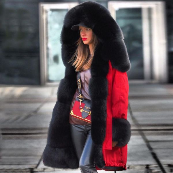 

fleeze -30 degrees snow wear long parkas winter jacket women fur hooded clothing female fur lining thick winter coat women, Black