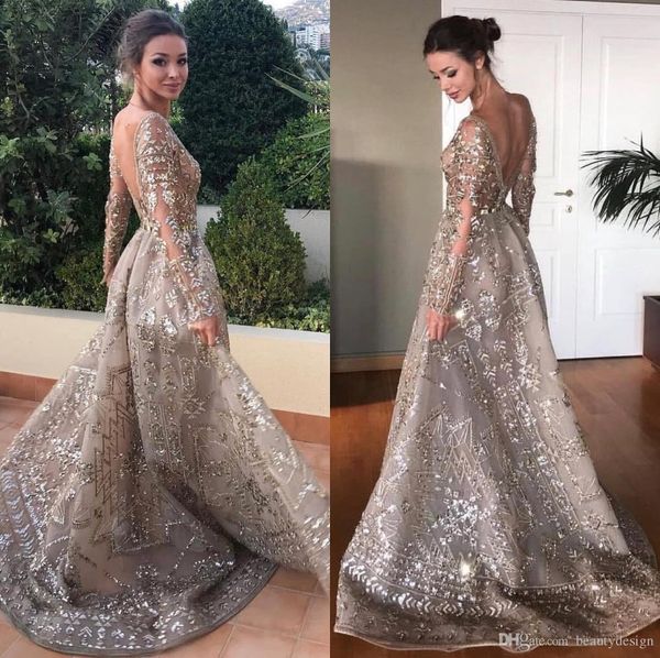

2019 роскошные арабские блестящие платья для выпускного вечера jewel neck тюль серый с длинными рукавами вечернее платье с блестками спинки, Black